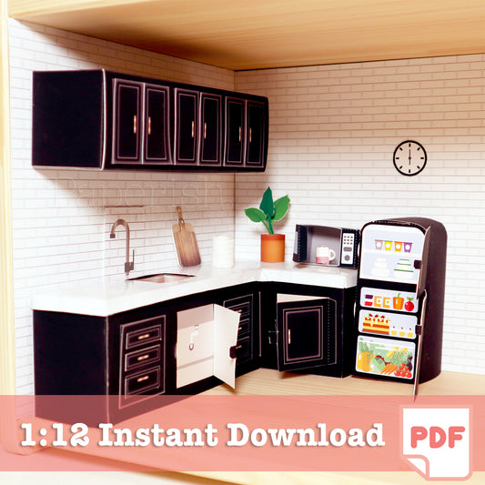 1/12 Dollhouse Miniature Kitchen Set in Black: PDF miniature PRINTABLES dollhouse kit | miniature printables