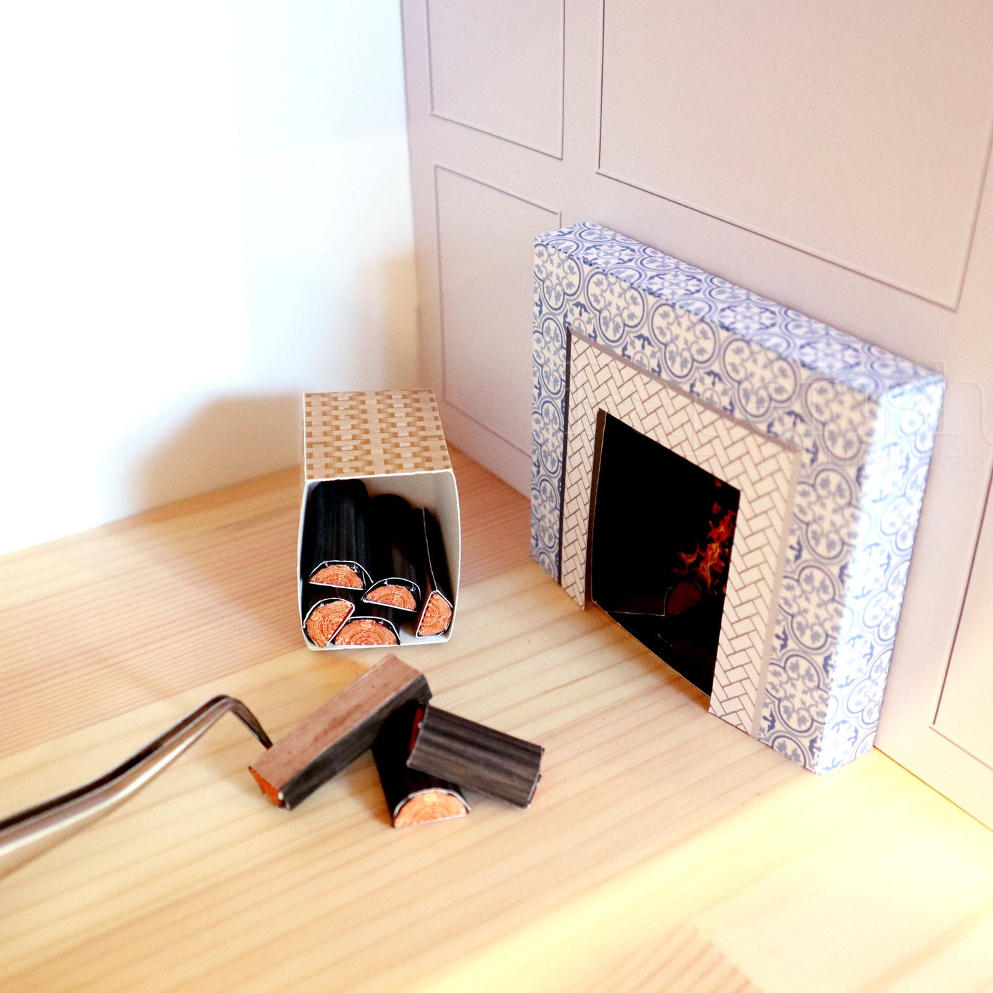 1/12 PDF Dollhouse Fireplace Printable BLUE TILES design